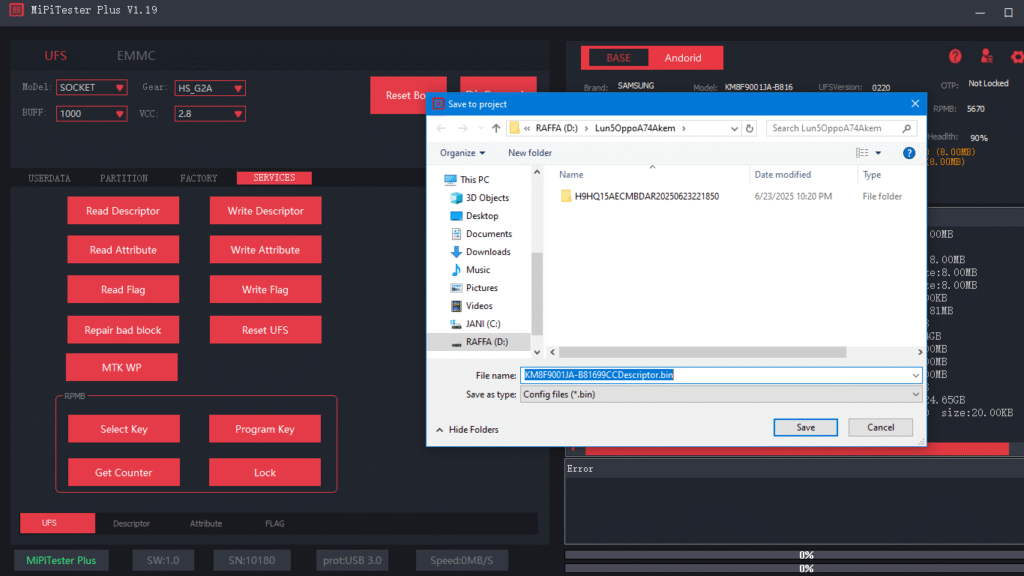 File Descriptor / Config UFS Mipitester