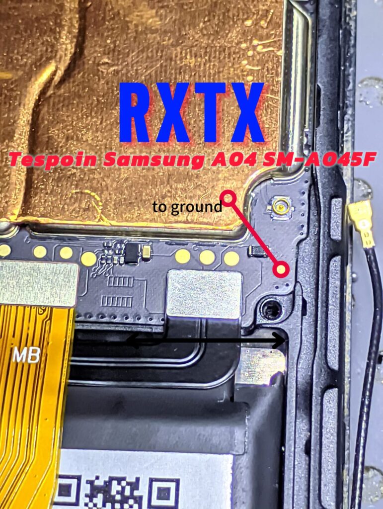Gambar: Letak titik test point Samsung Galaxy A04 SM-A045F – hubungkan ke ground saat colok USB